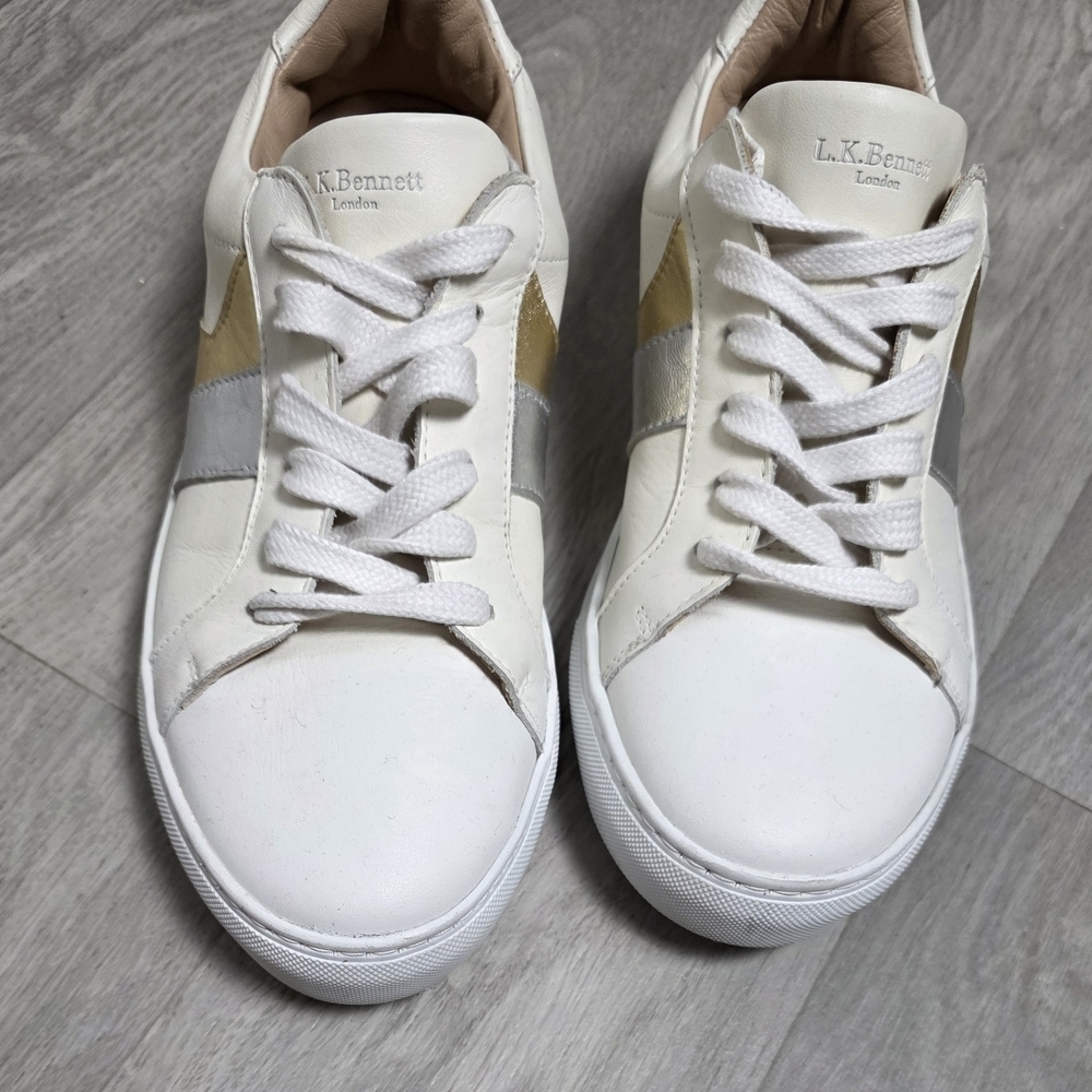 L.K. Bennett London White Leather Sneakers Gold Silver Detail Size 40 Women - Picture 8 of 9